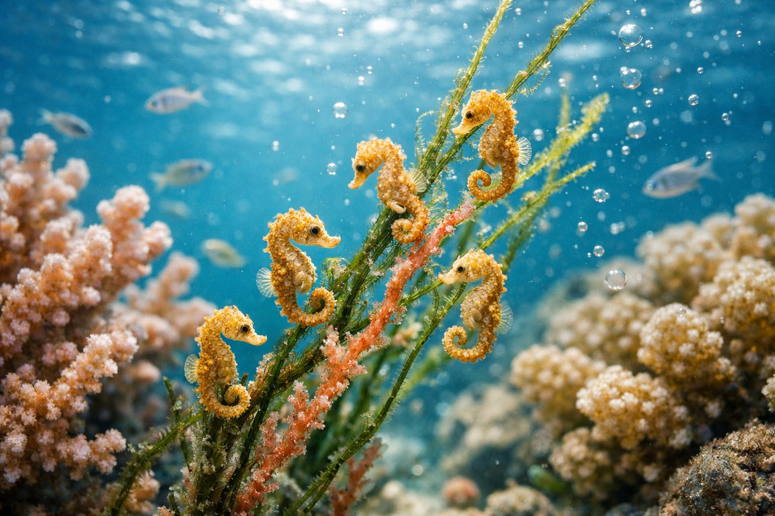 A group of tiny baby seahorses clinging to seaweed and coral underwater in a clear ocean setting.