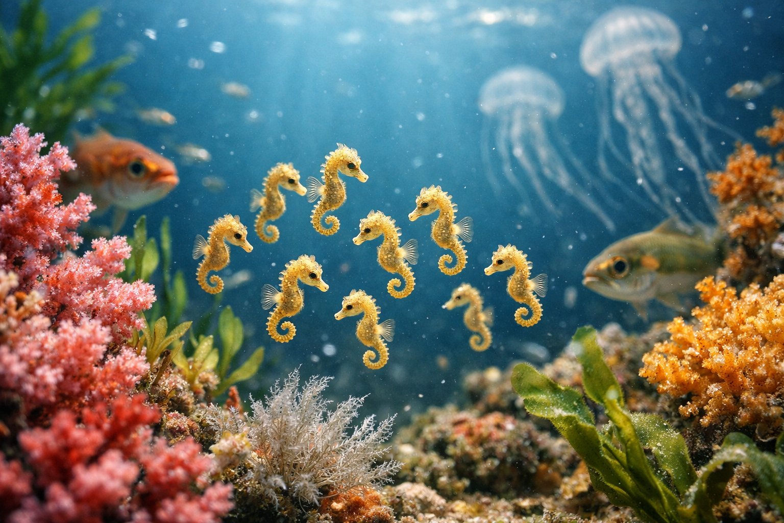 A group of baby seahorses swimming near coral with small fish and jellyfish nearby in an underwater scene.