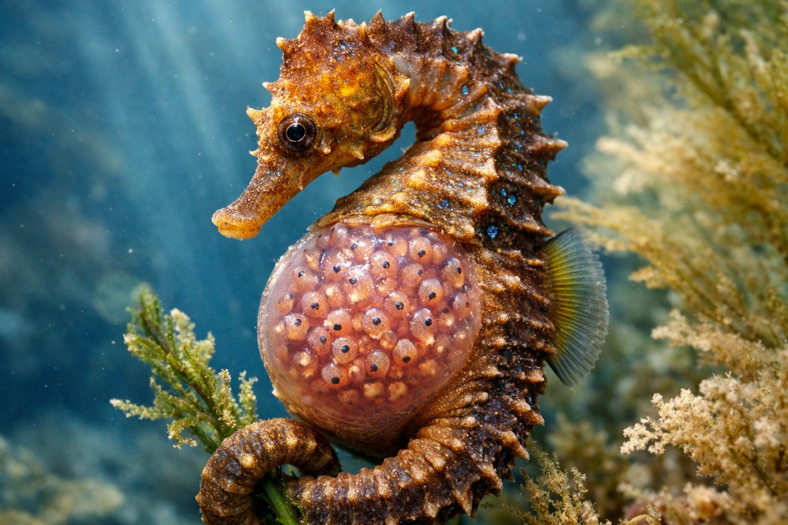 A close-up underwater image of a male seahorse with a brood pouch containing developing embryos, surrounded by underwater plants.