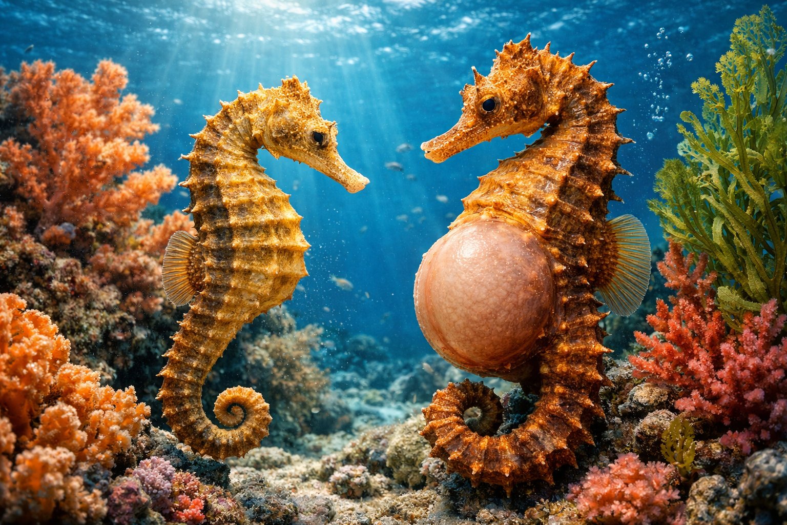 Two seahorses underwater near coral, with the male showing his brood pouch.