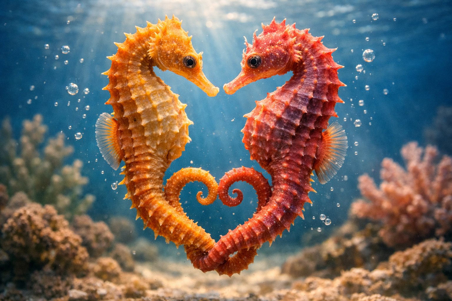 Two seahorses underwater with their tails intertwined forming a heart shape surrounded by coral and sunlight.