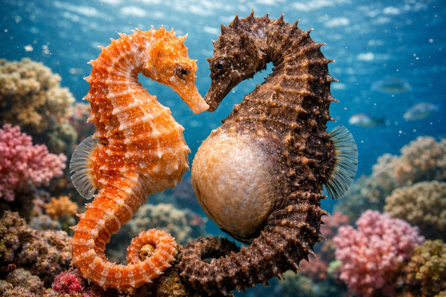 Two seahorses close together underwater near a colorful coral reef.