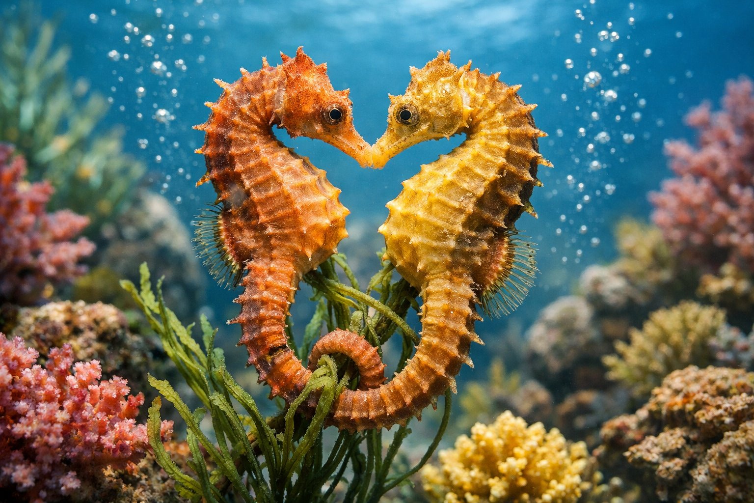 Two seahorses intertwined underwater among seaweed and coral in a clear ocean environment.