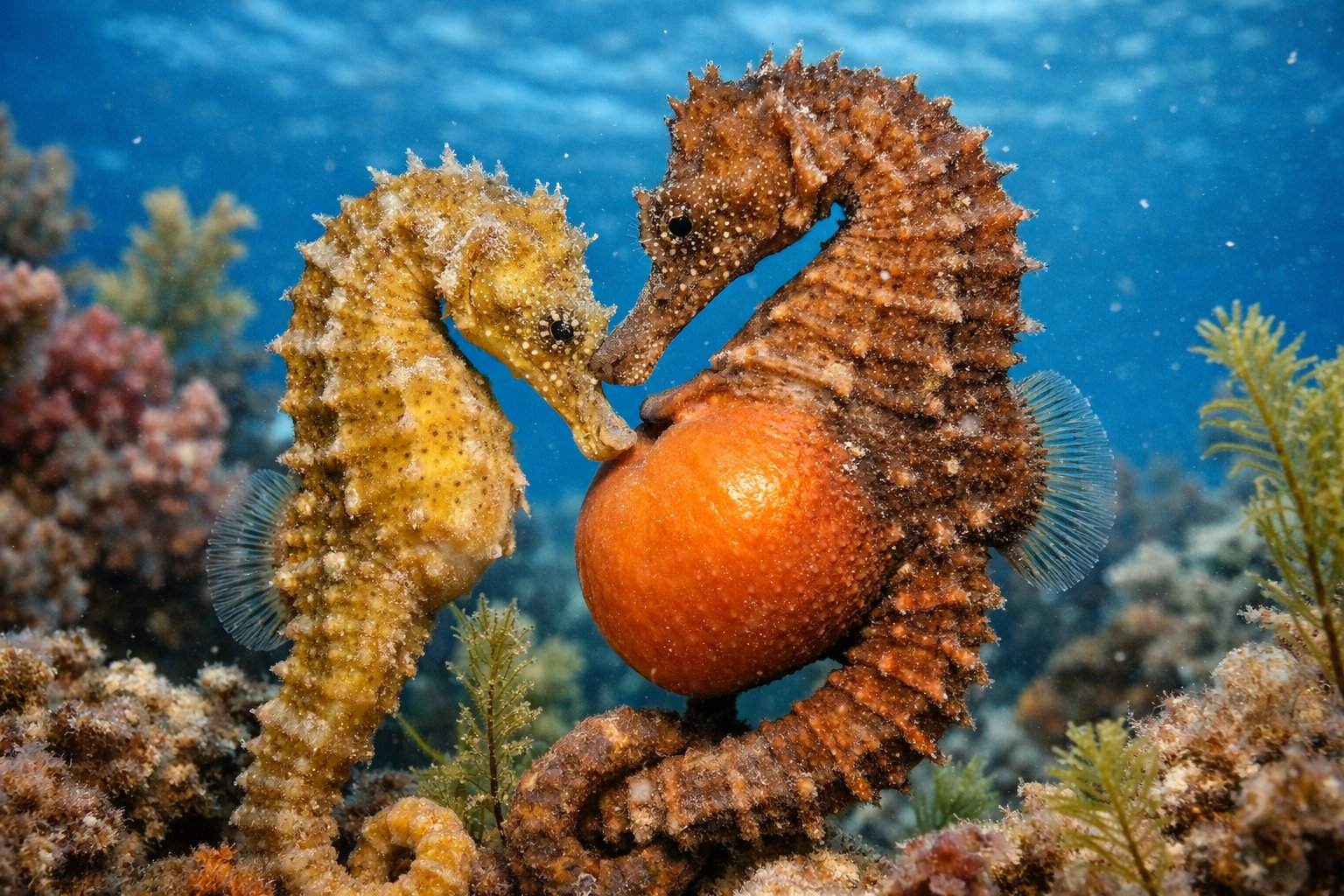 Close-up underwater scene of two seahorses near a coral reef, showing the male with a brood pouch during reproduction.