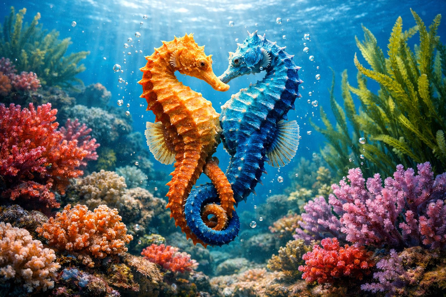 Two seahorses entwined underwater among coral and seaweed in a peaceful ocean setting.