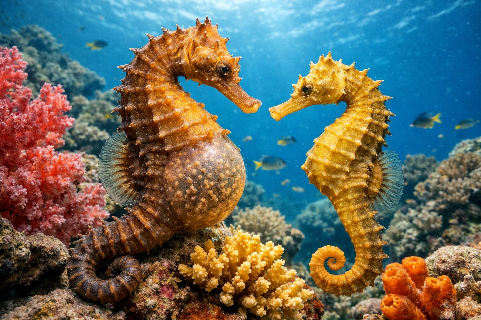A male seahorse carrying developing embryos in its brood pouch while a female seahorse is nearby in a coral reef underwater scene.