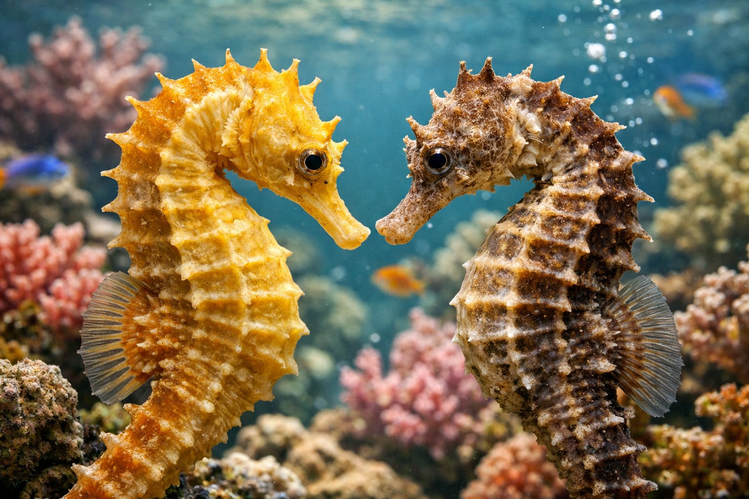 Two seahorses facing each other in a colorful coral reef underwater scene.