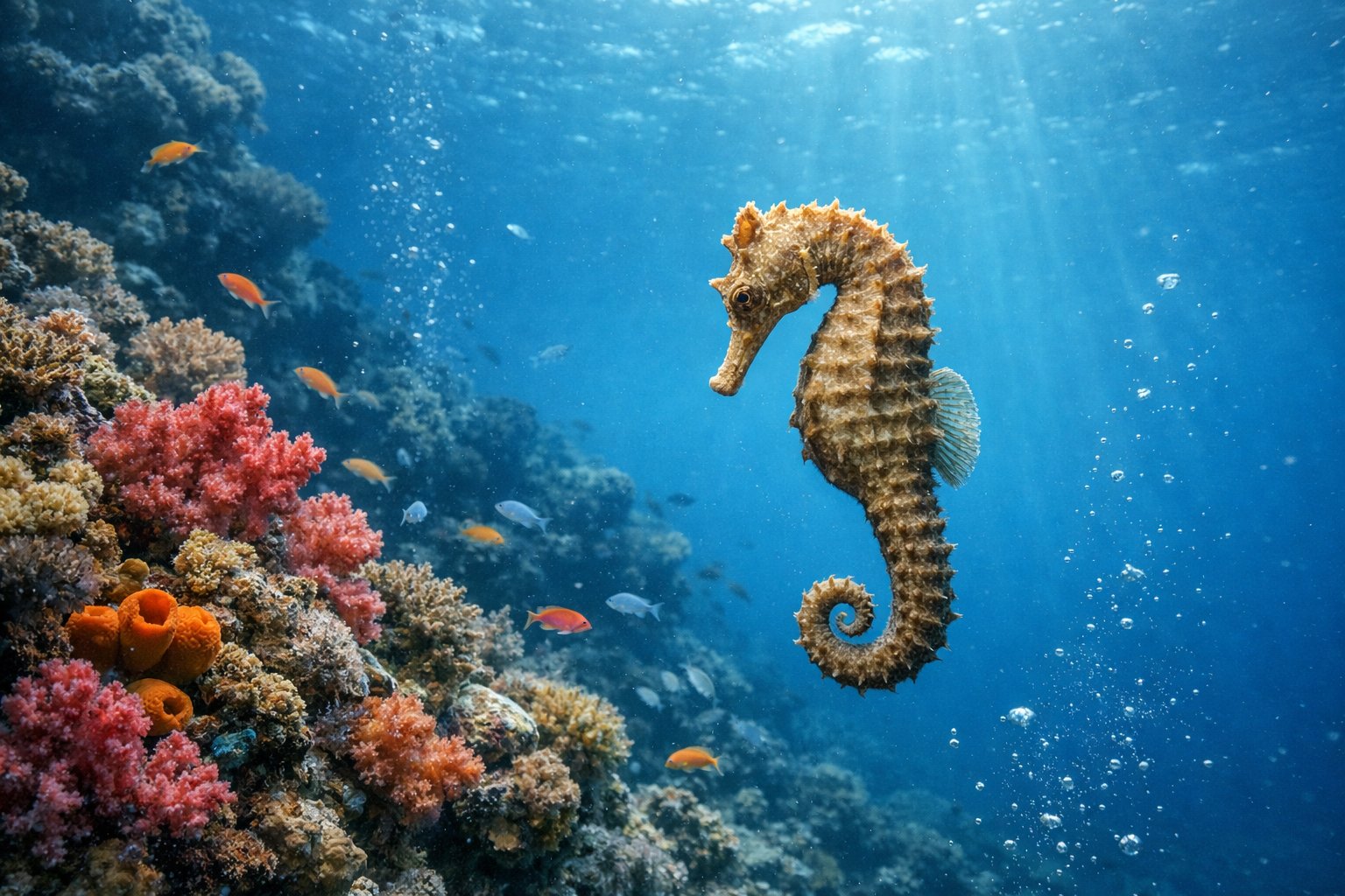 A solitary seahorse floating near a coral reef underwater with colorful marine life around it.