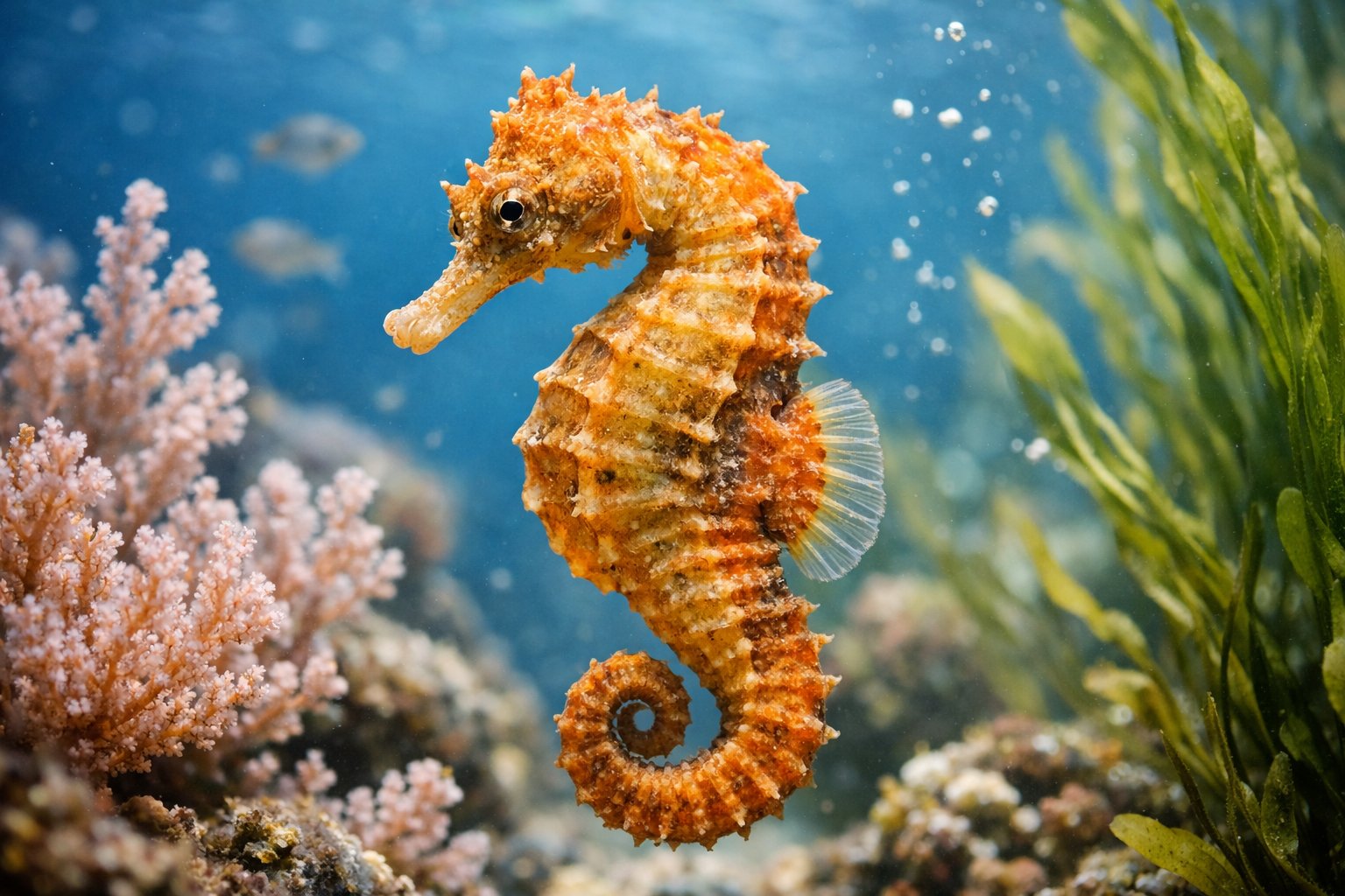 A close-up underwater view of a seahorse swimming near coral and seaweed in clear blue water.