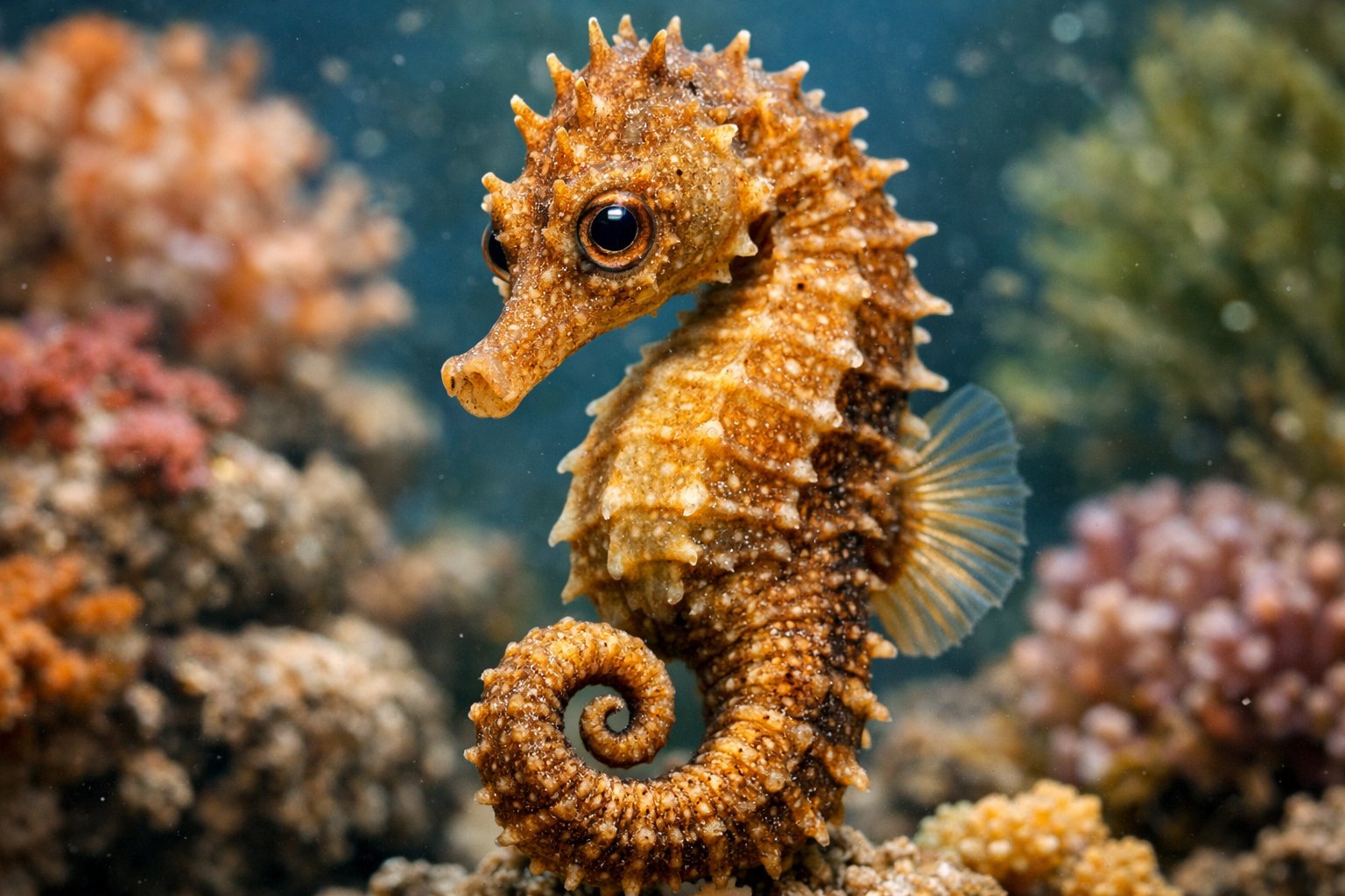 Close-up underwater image of a seahorse among coral and aquatic plants.