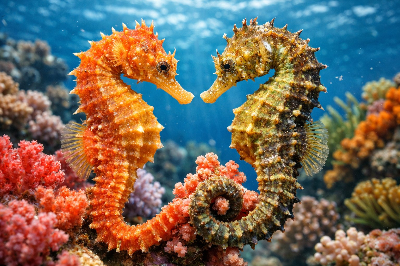 Two seahorses facing each other underwater near colorful coral in clear blue water.