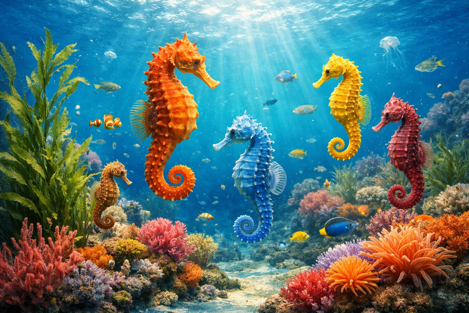 Several seahorses swimming among coral and seaweed in a clear underwater marine environment.