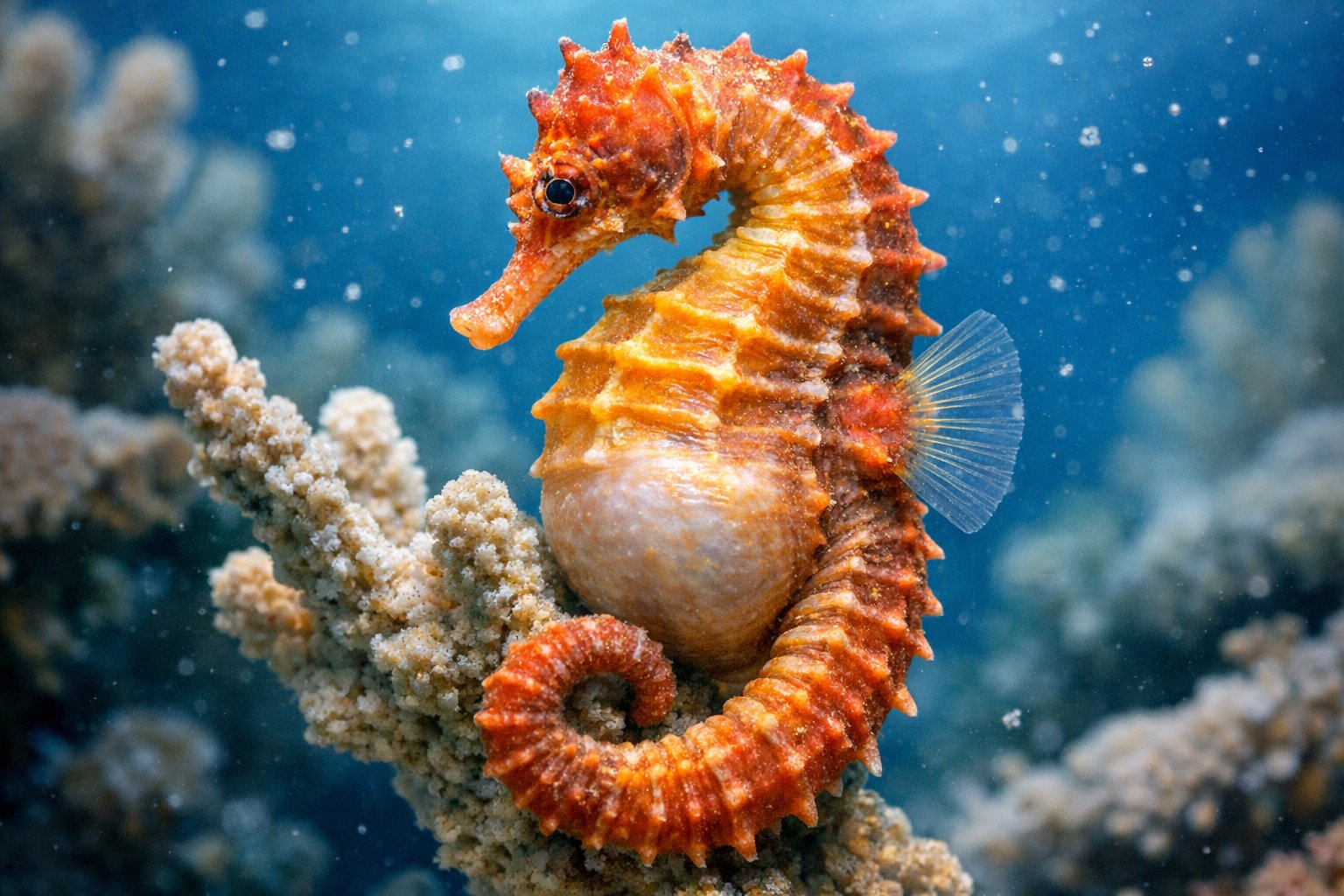 A close-up underwater view of a male seahorse curled around coral in a clear blue ocean environment.