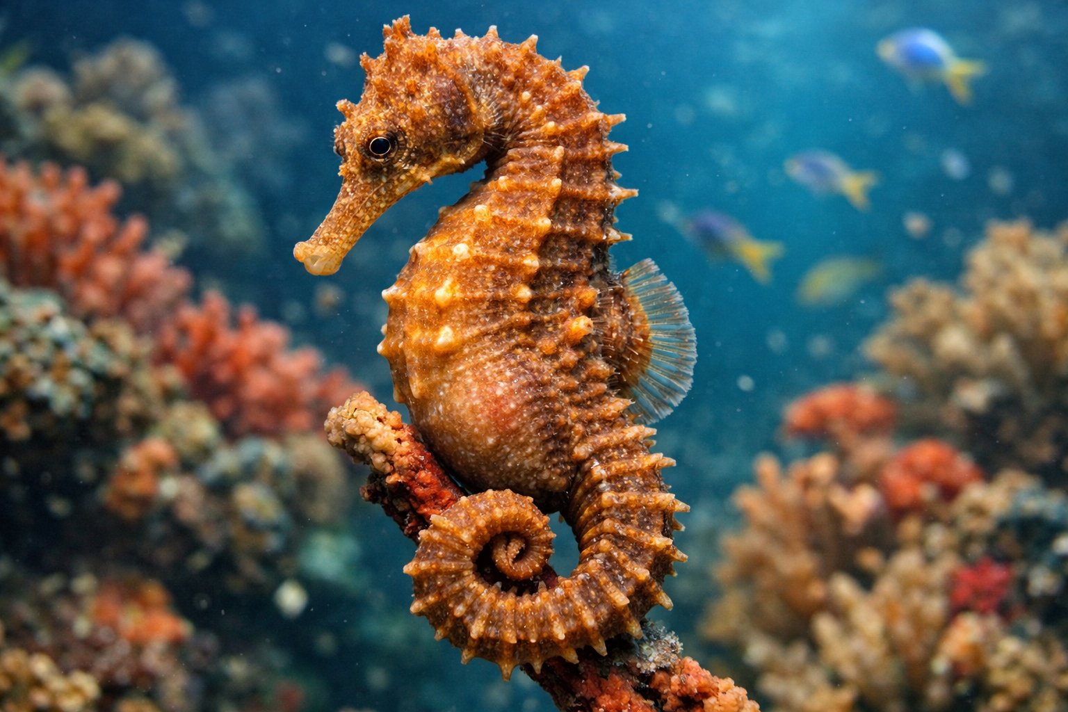 Close-up underwater image of a male seahorse holding onto coral with small fish swimming nearby.