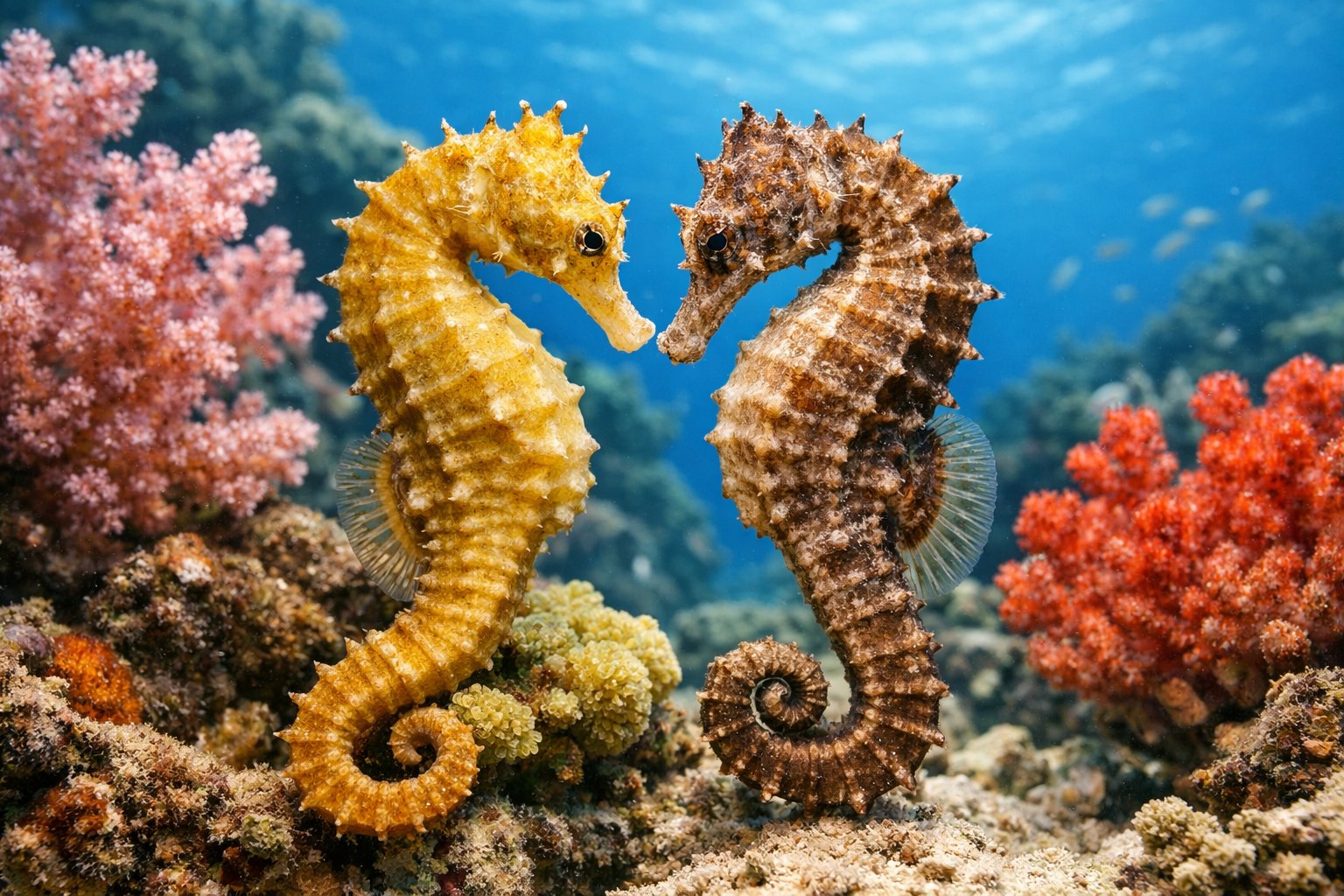 Two seahorses close together swimming near colorful coral underwater.