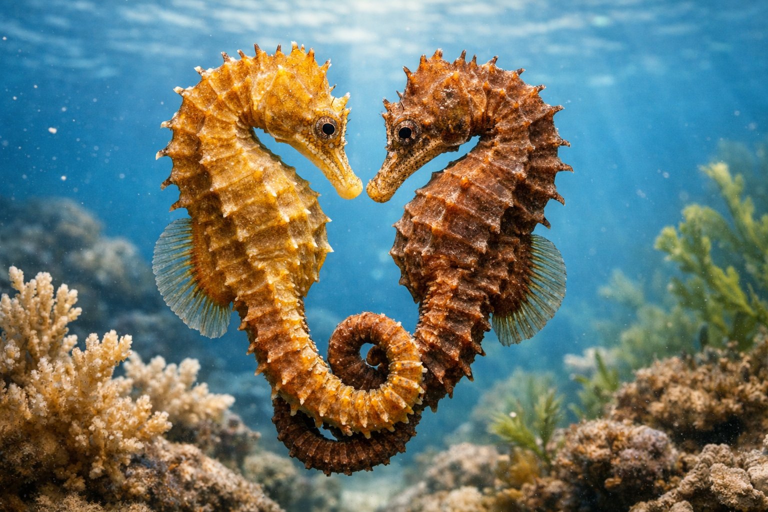 Two seahorses underwater, facing each other and gently intertwined by their tails among coral and aquatic plants.