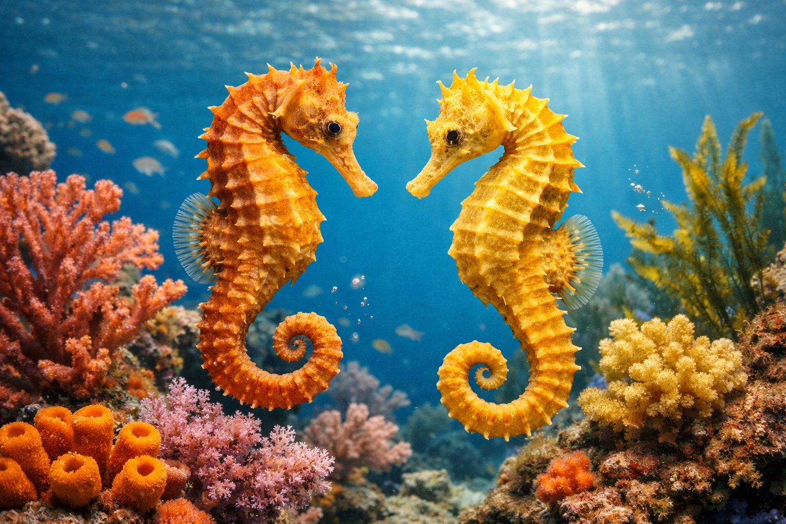 Two seahorses swimming near coral reefs in clear blue ocean water.