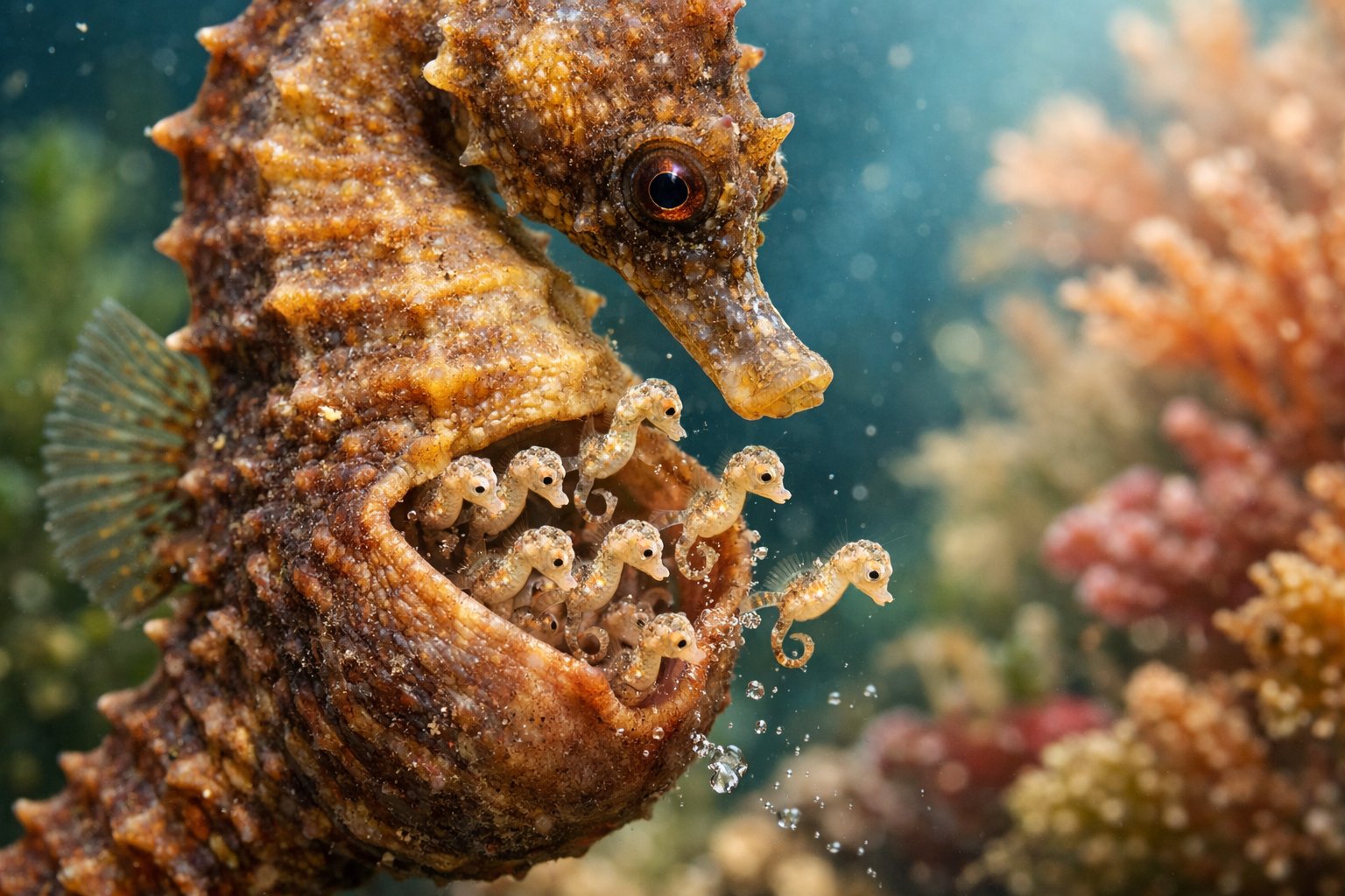 A male seahorse underwater carrying tiny baby seahorses in its brood pouch near a coral reef.