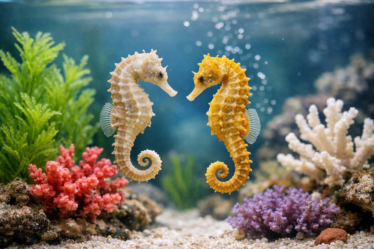 Two seahorses floating in a clear aquarium with aquatic plants and coral.
