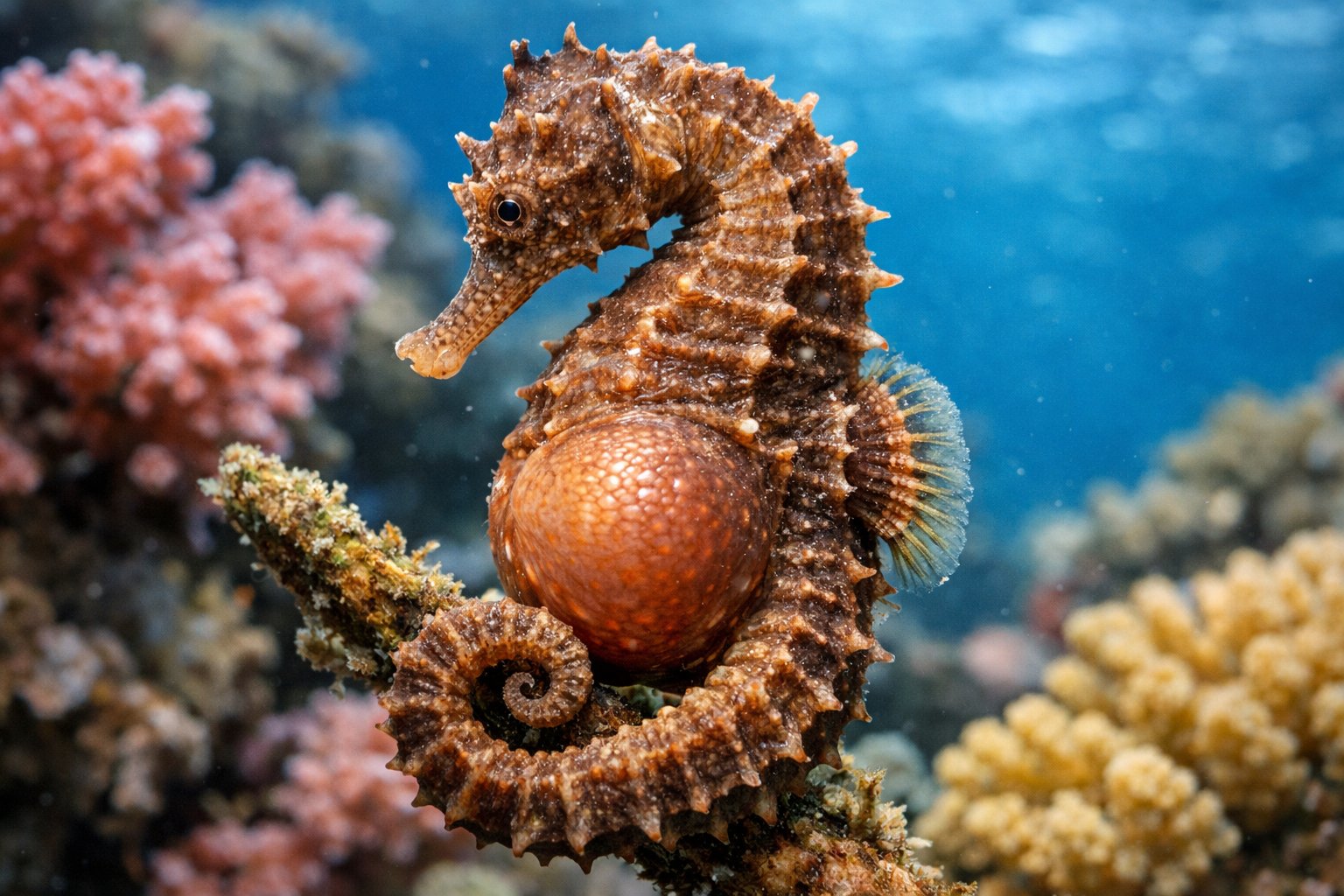 A close-up underwater image of a male seahorse curled around coral in a colorful reef.