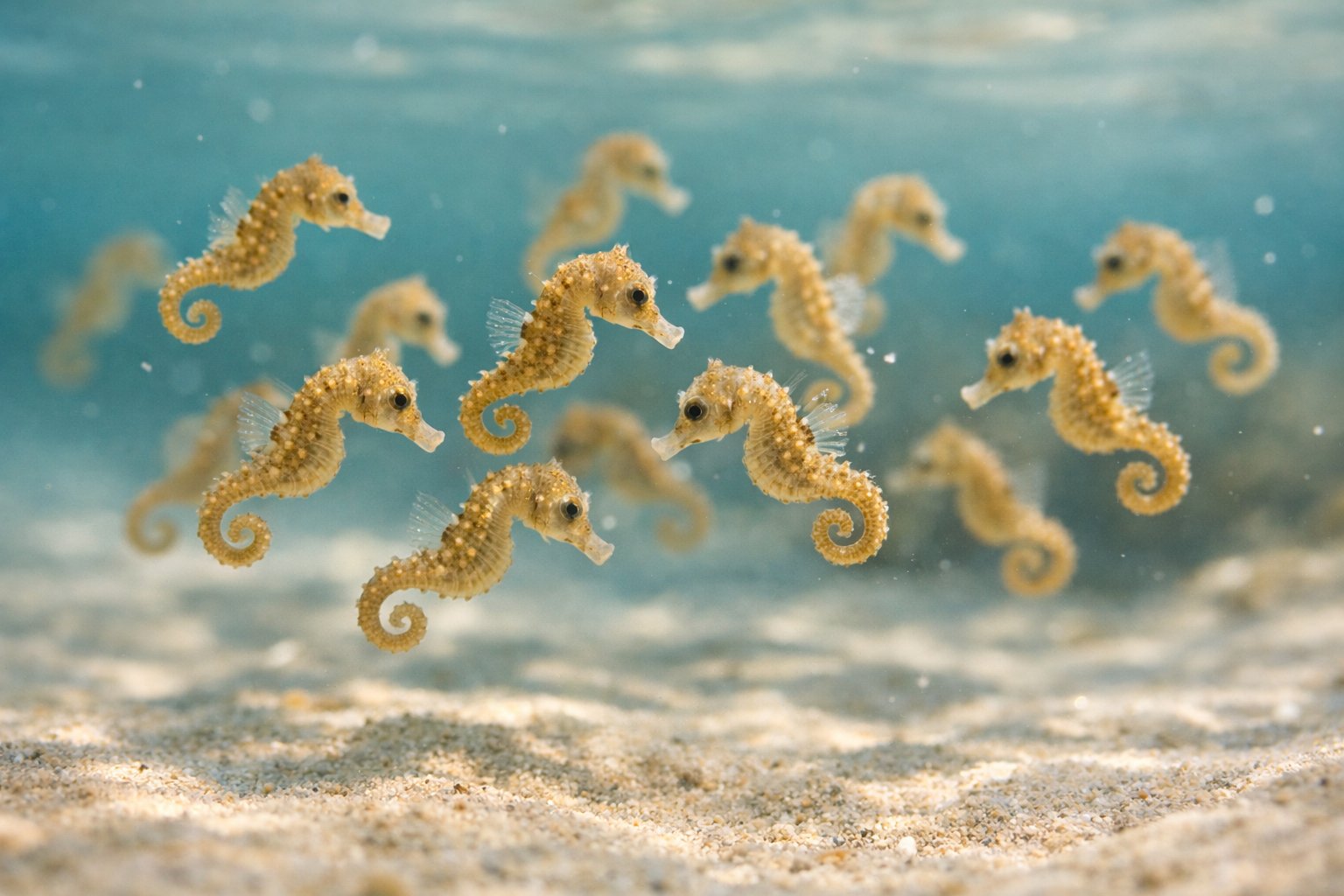 A group of tiny baby seahorses swimming in clear shallow ocean water with sunlight filtering through.