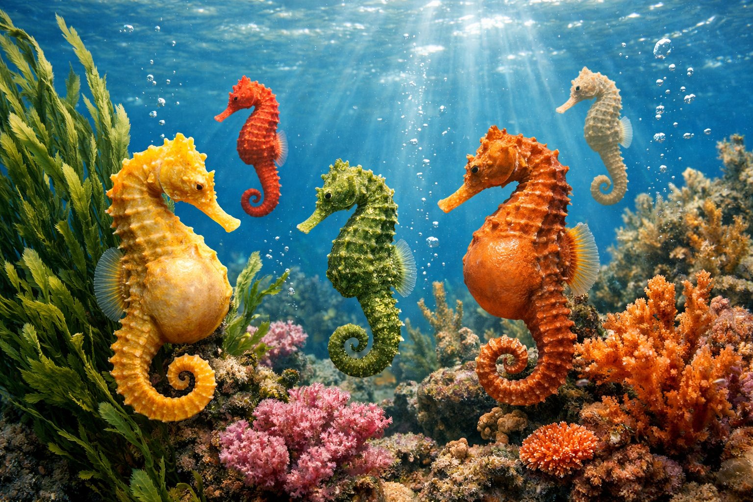 Underwater scene showing several seahorses floating among seaweed and coral.