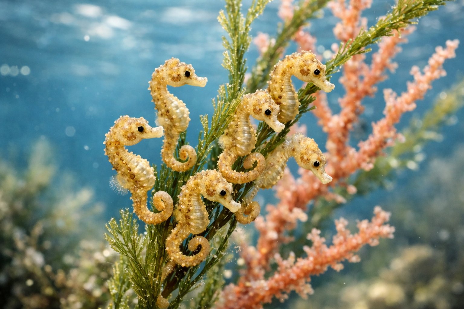 Close-up underwater view of several baby seahorses clinging to seaweed and coral in clear blue water.