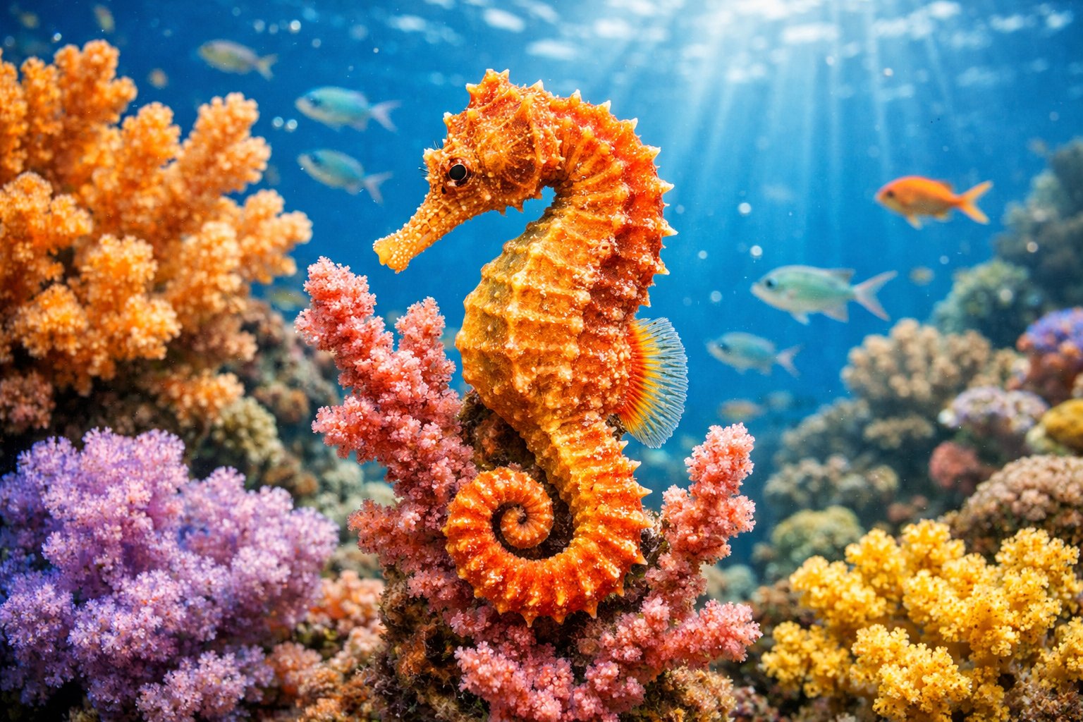 Close-up of a seahorse clinging to coral in a colorful underwater reef with small fish swimming nearby.