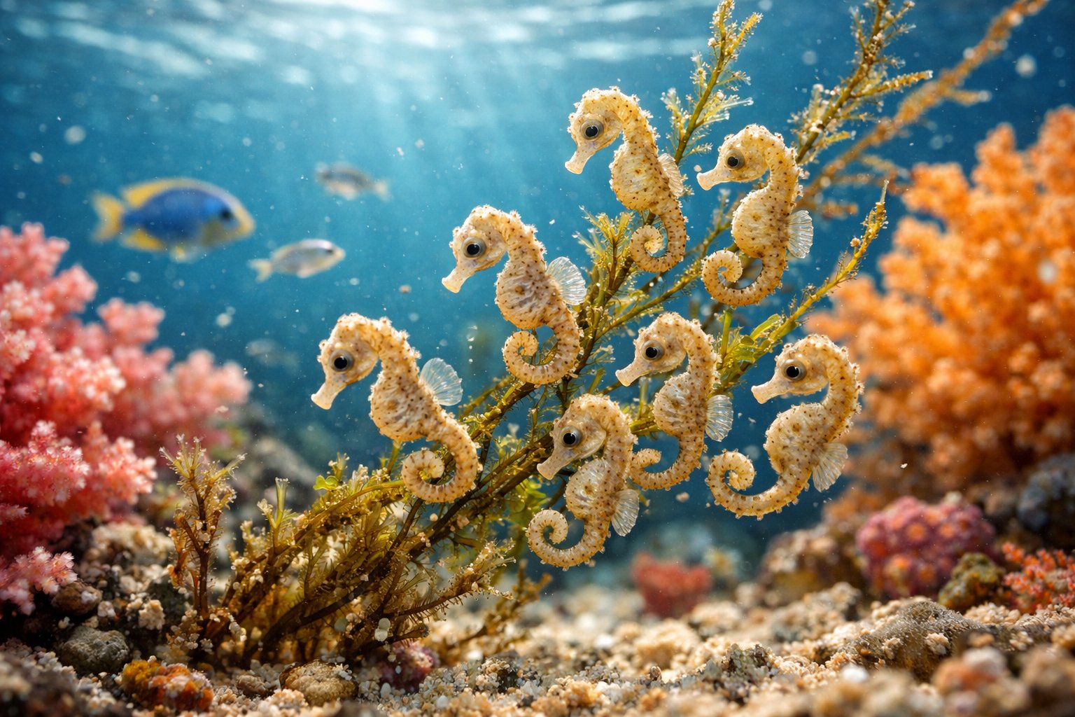 A close-up underwater view of baby seahorses clinging to seaweed and coral in a vibrant ocean environment.