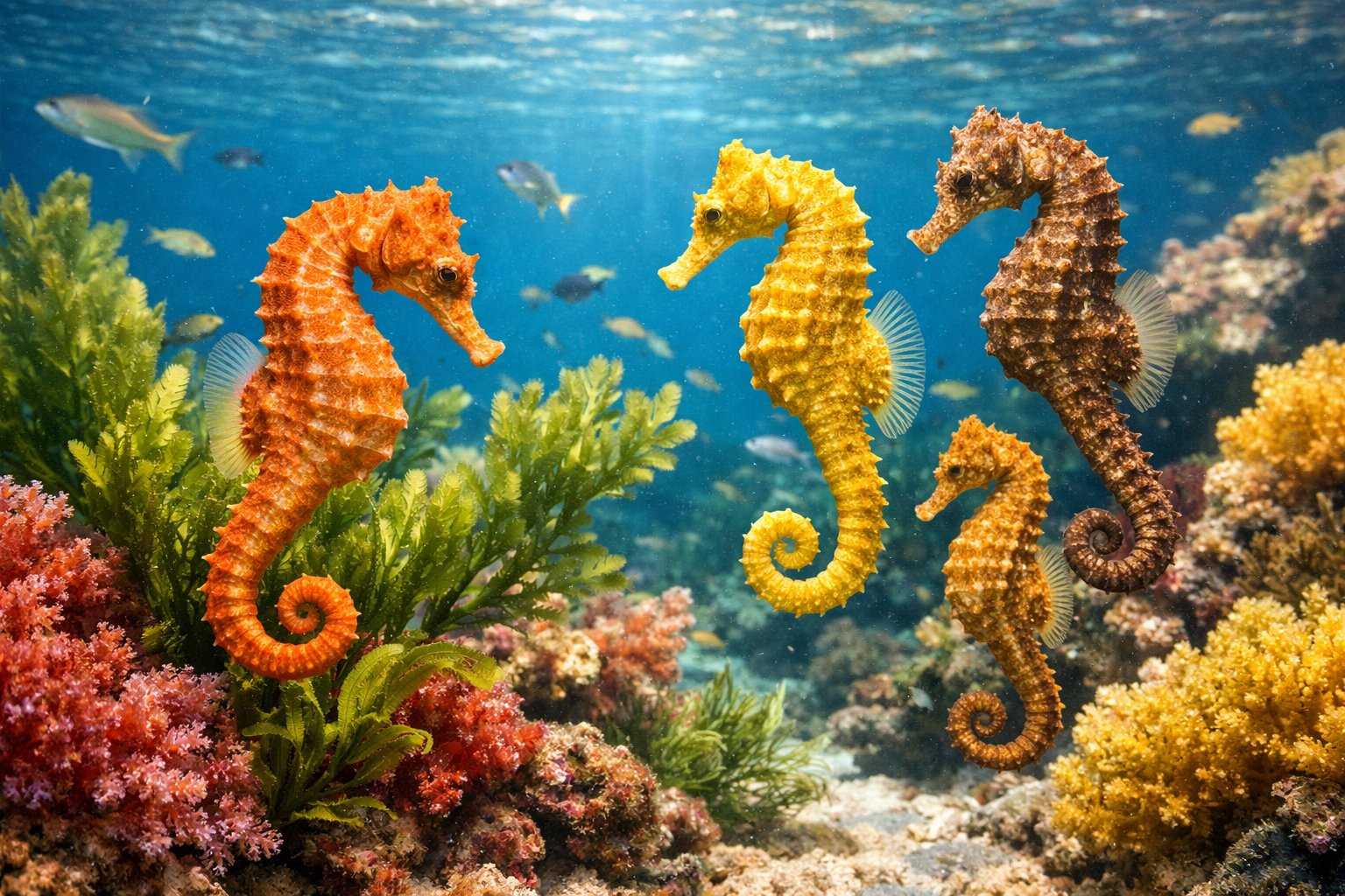 Several seahorses swimming among seaweed and coral in clear blue water.