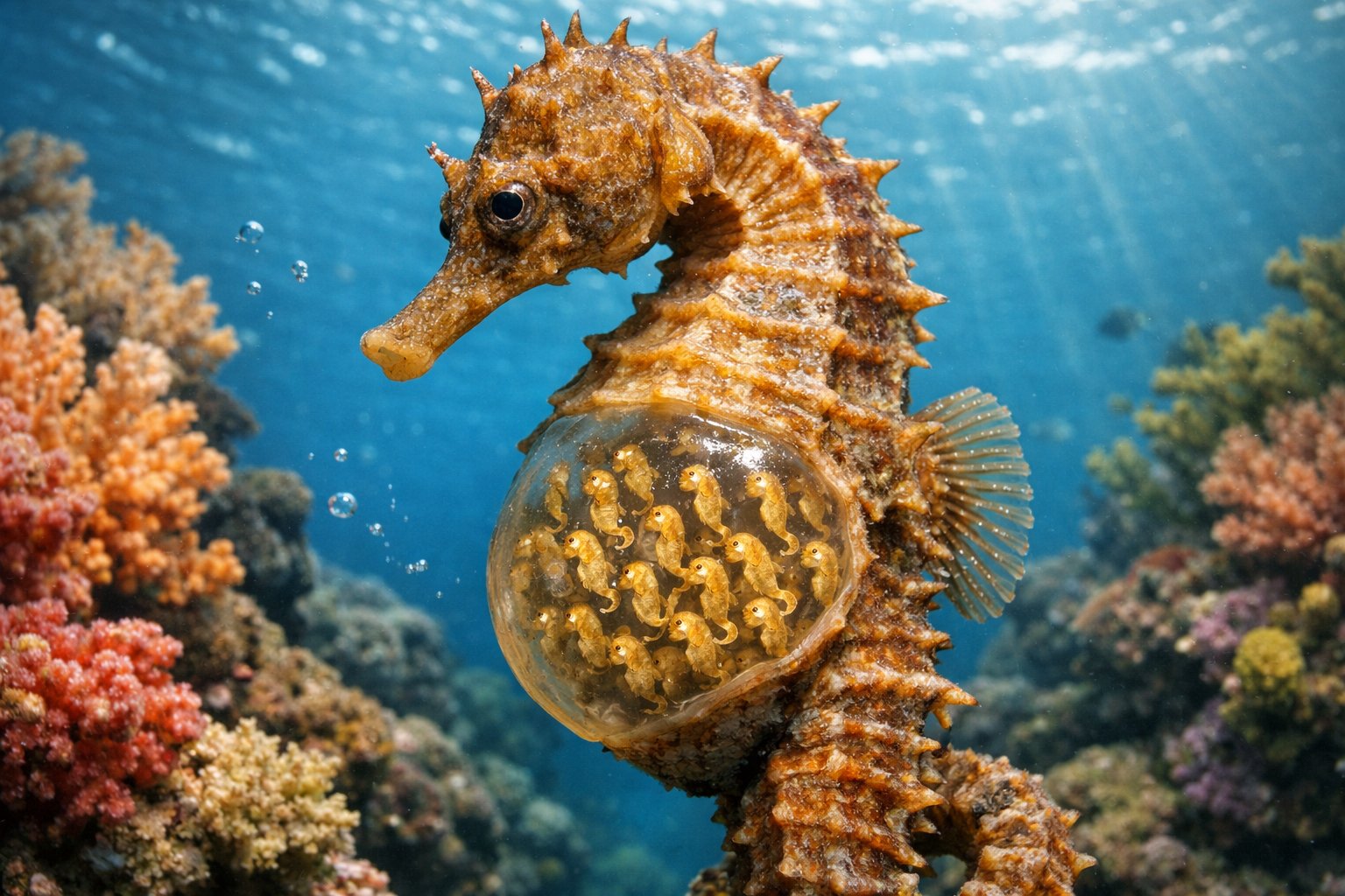Close-up underwater view of a male seahorse carrying embryos in its brood pouch among coral reefs.