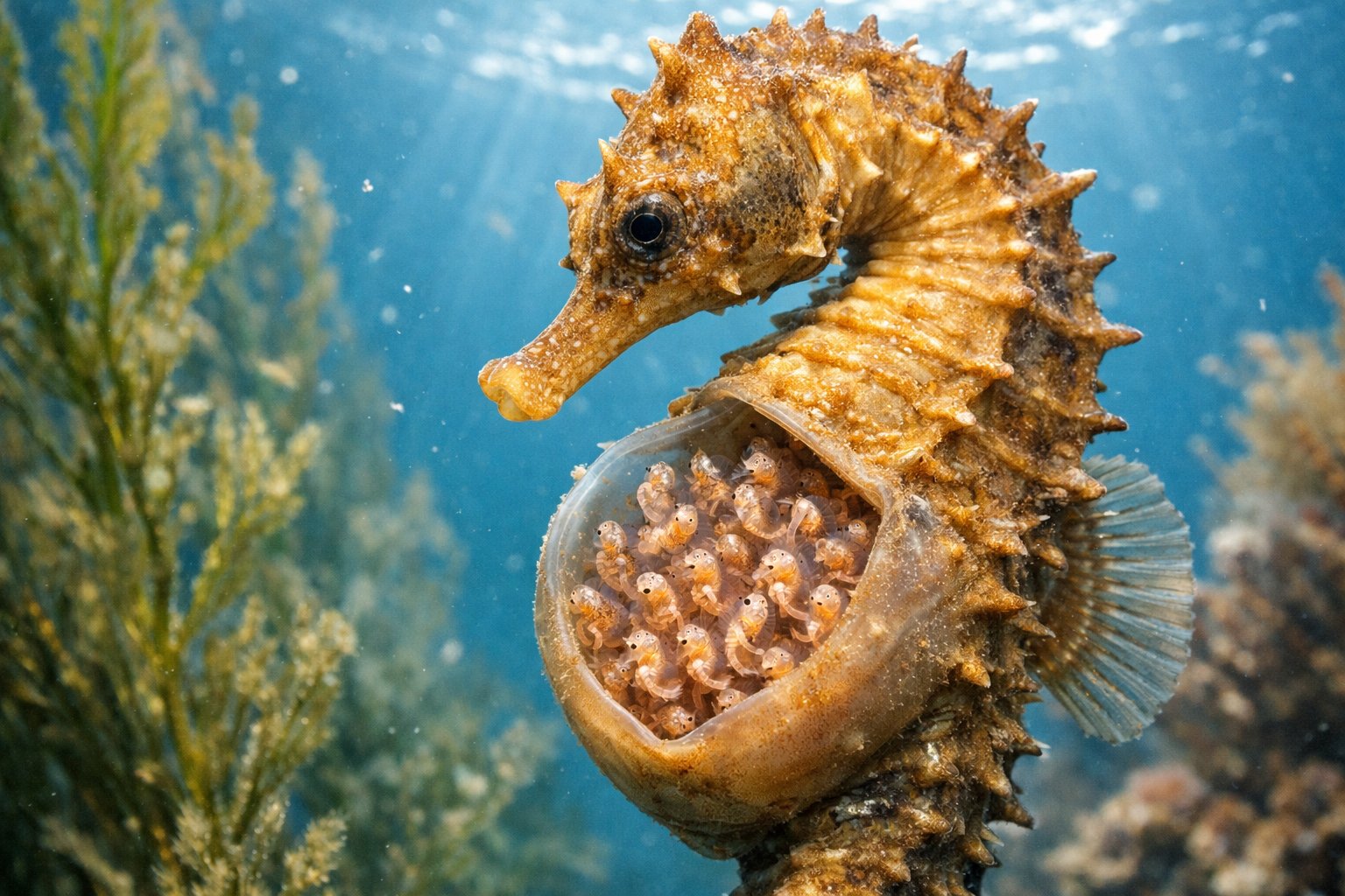 A male seahorse underwater carrying embryos in its brood pouch surrounded by aquatic plants.