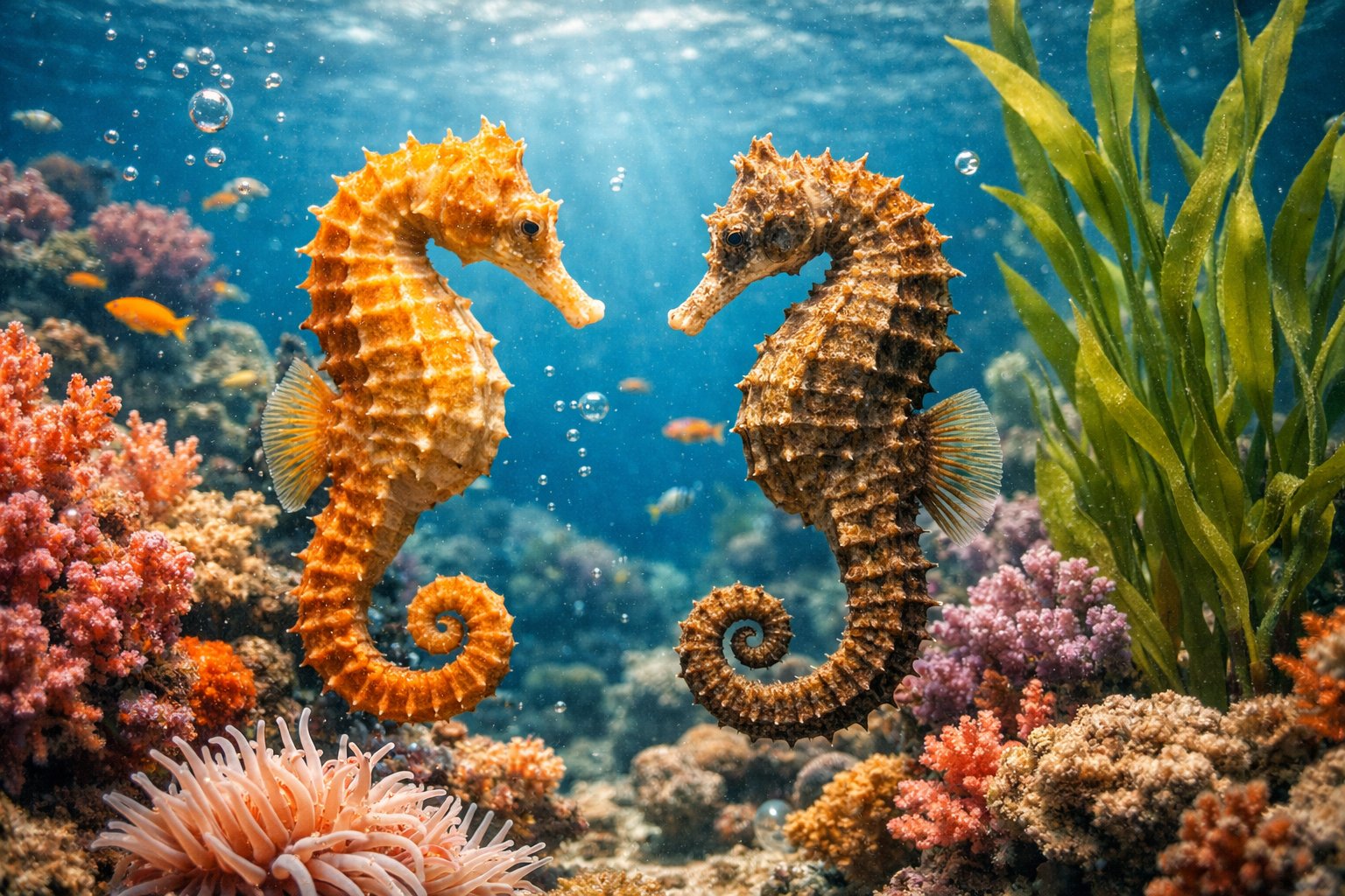 Two seahorses floating near coral reefs and seaweed underwater with small fish around them.