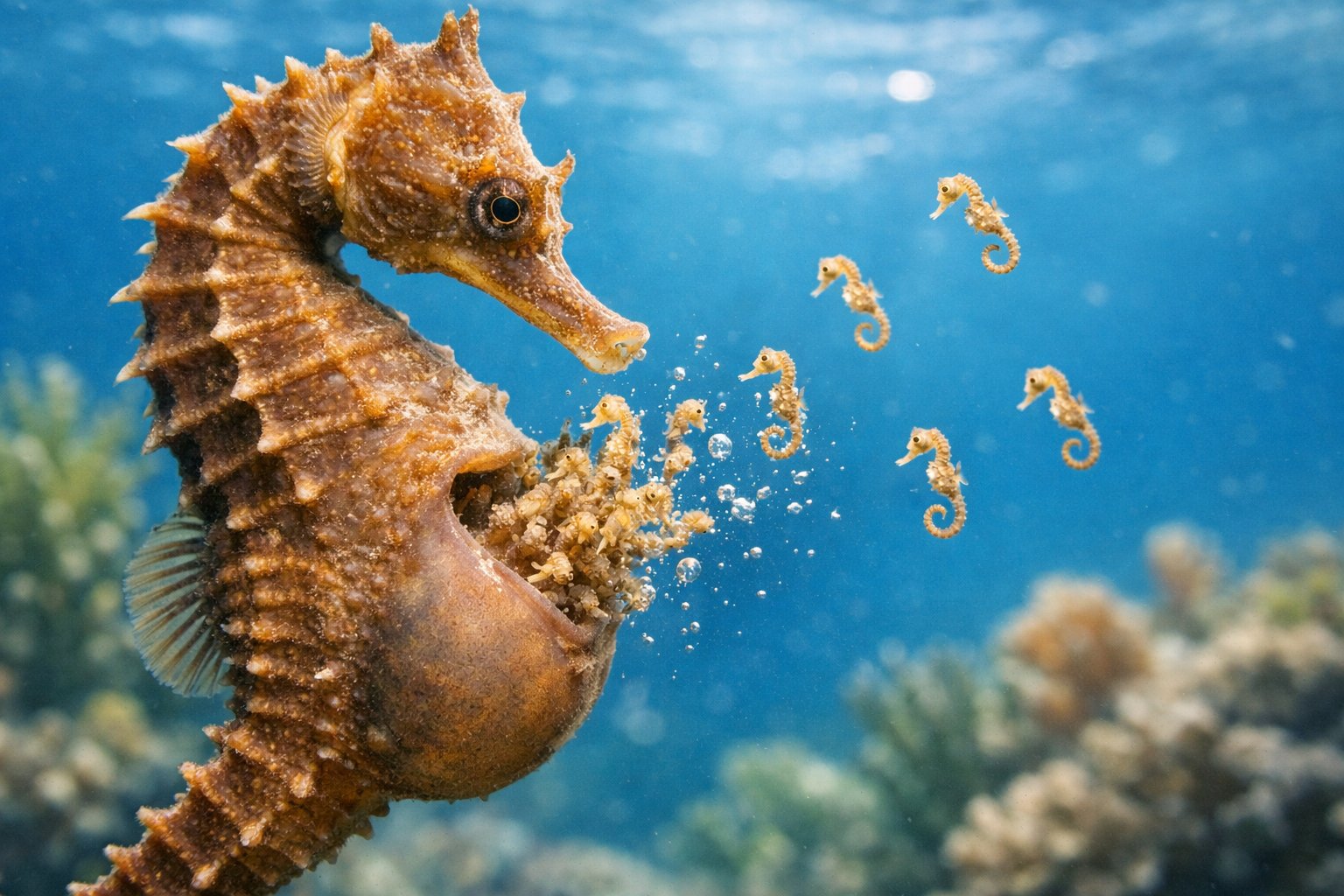 A male seahorse underwater releasing tiny newborn seahorses from its pouch surrounded by clear blue water and coral.