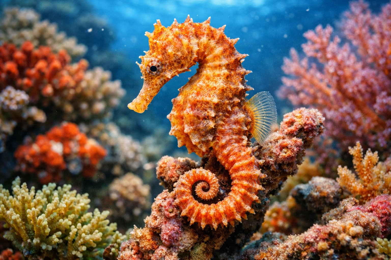 A seahorse clinging to coral underwater in a colorful coral reef.