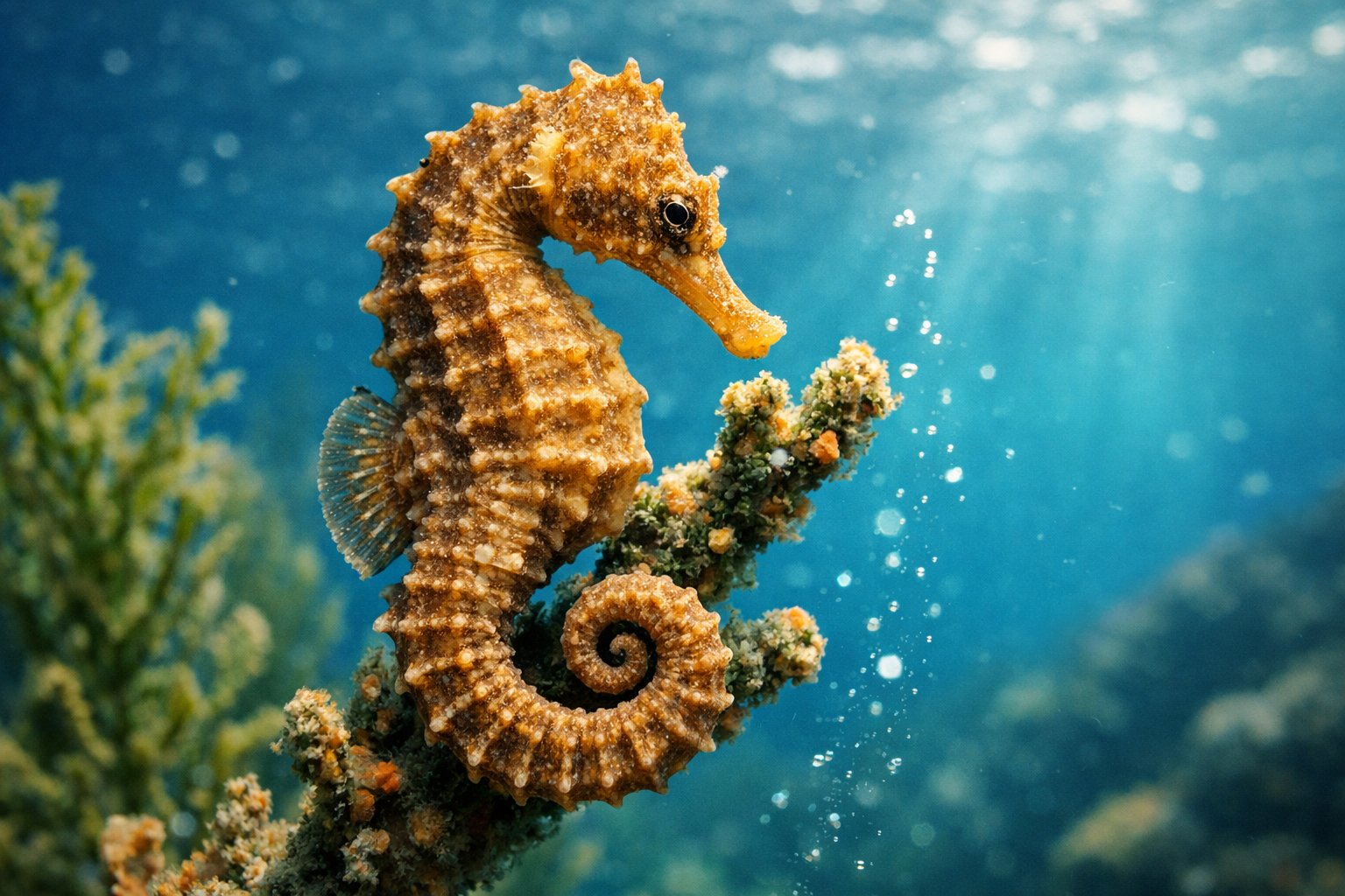 Close-up underwater view of a seahorse clinging to seaweed surrounded by blue water and coral.