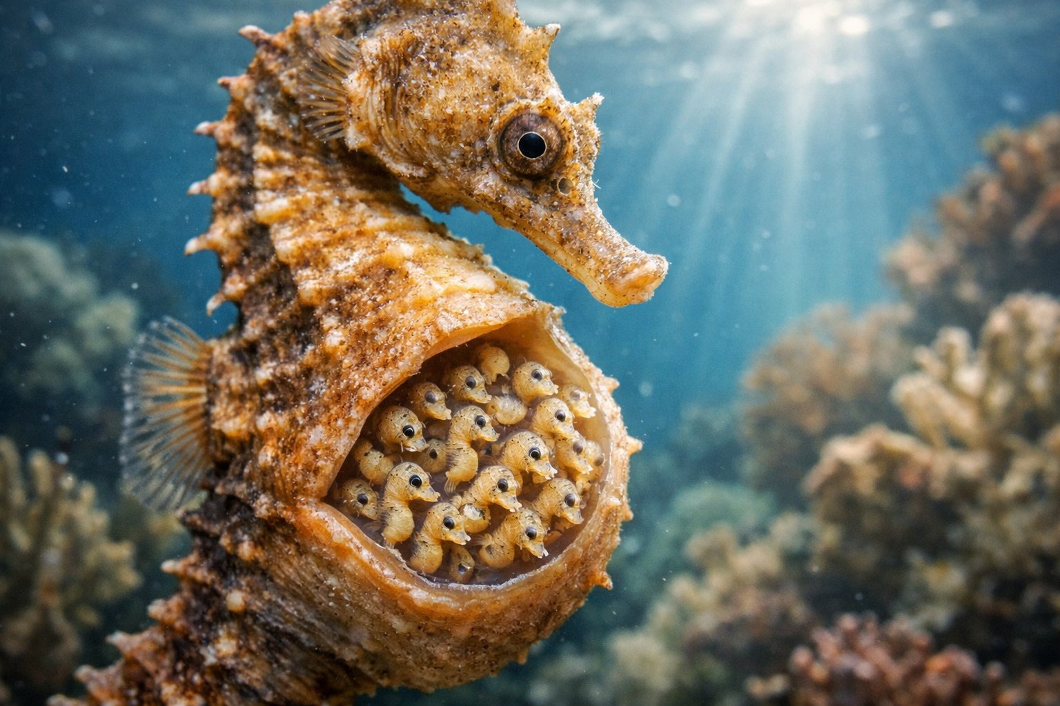Close-up underwater image of a male seahorse carrying embryos in its brood pouch surrounded by coral and aquatic plants.