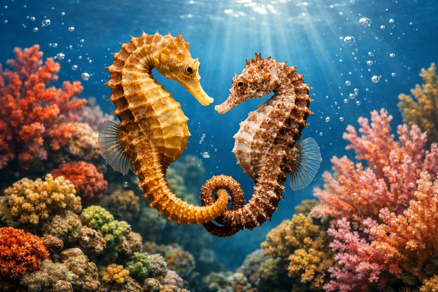 Two seahorses with intertwined tails swimming near colorful coral underwater.