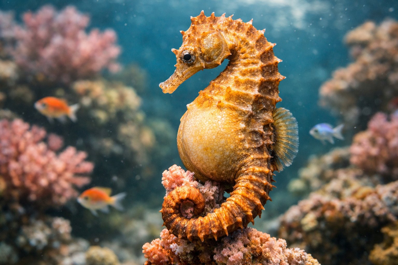 A male seahorse underwater near coral in a colorful reef environment.