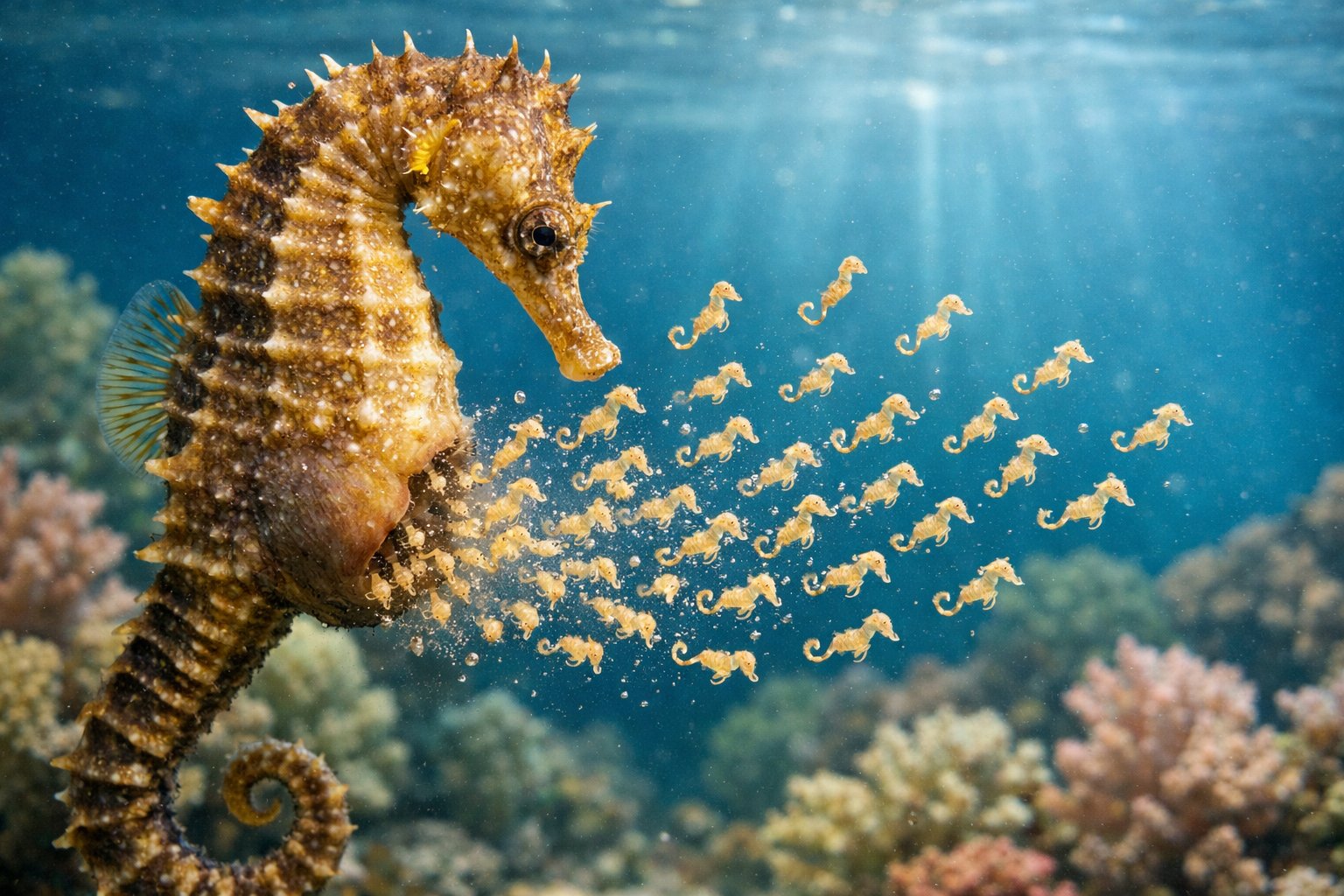 A male seahorse releasing tiny newborn seahorses into clear ocean water near coral reefs.