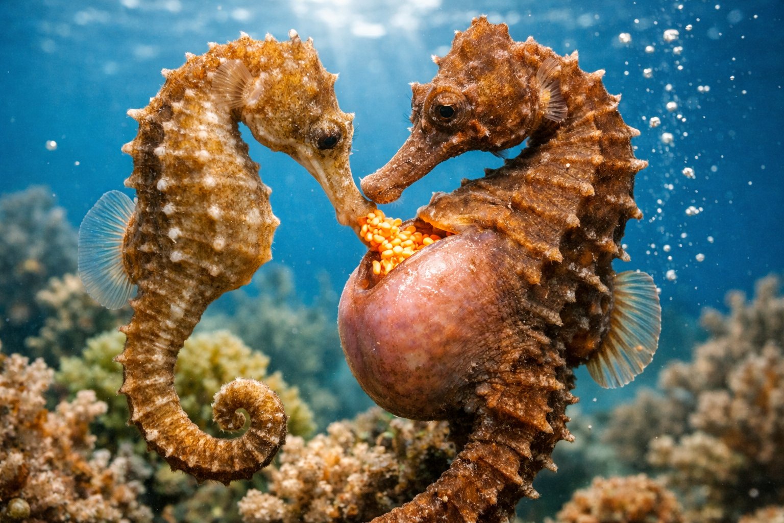 Two seahorses underwater, with a female transferring eggs into the male's brood pouch in a natural ocean setting.