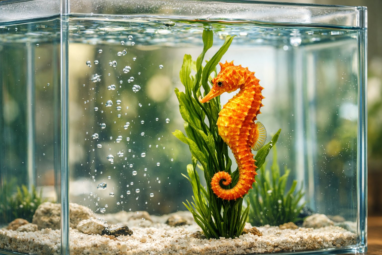 A seahorse clinging to a green aquatic plant inside a clear glass aquarium filled with water.