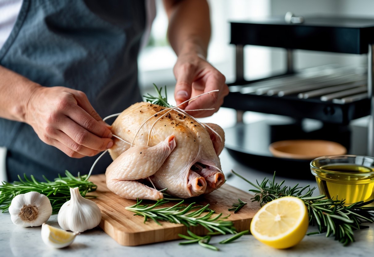 Hands preparing a game hen with kitchen twine on a countertop with fresh herbs and a rotisserie grill in the background.