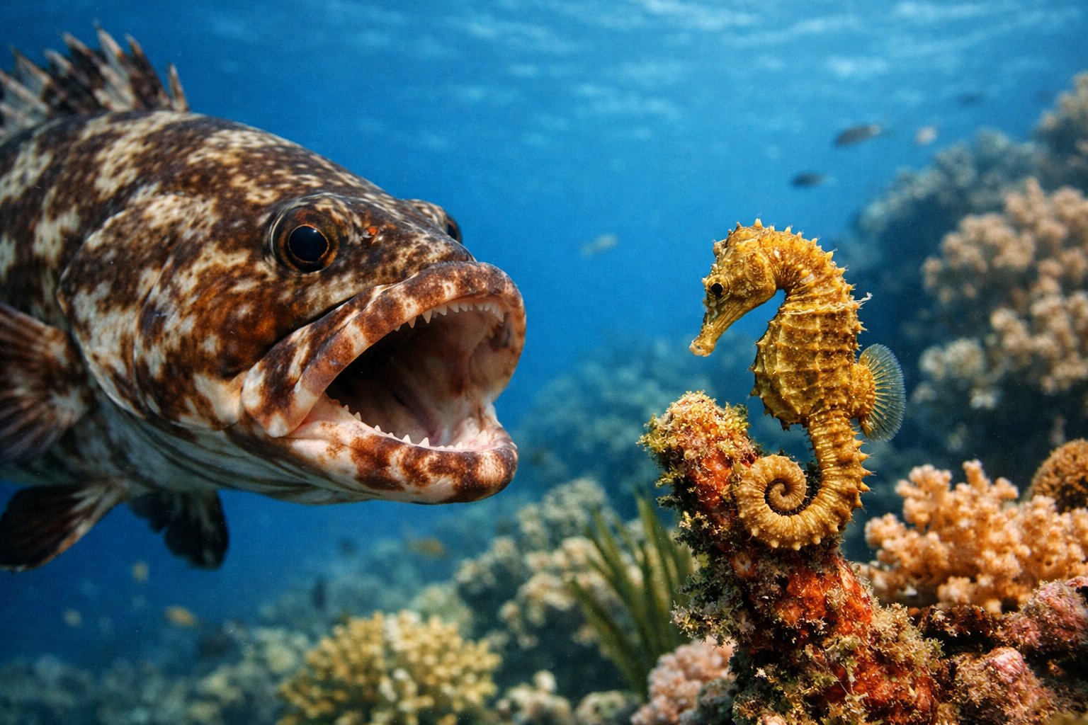 A larger predatory fish approaching a small seahorse clinging to coral underwater.