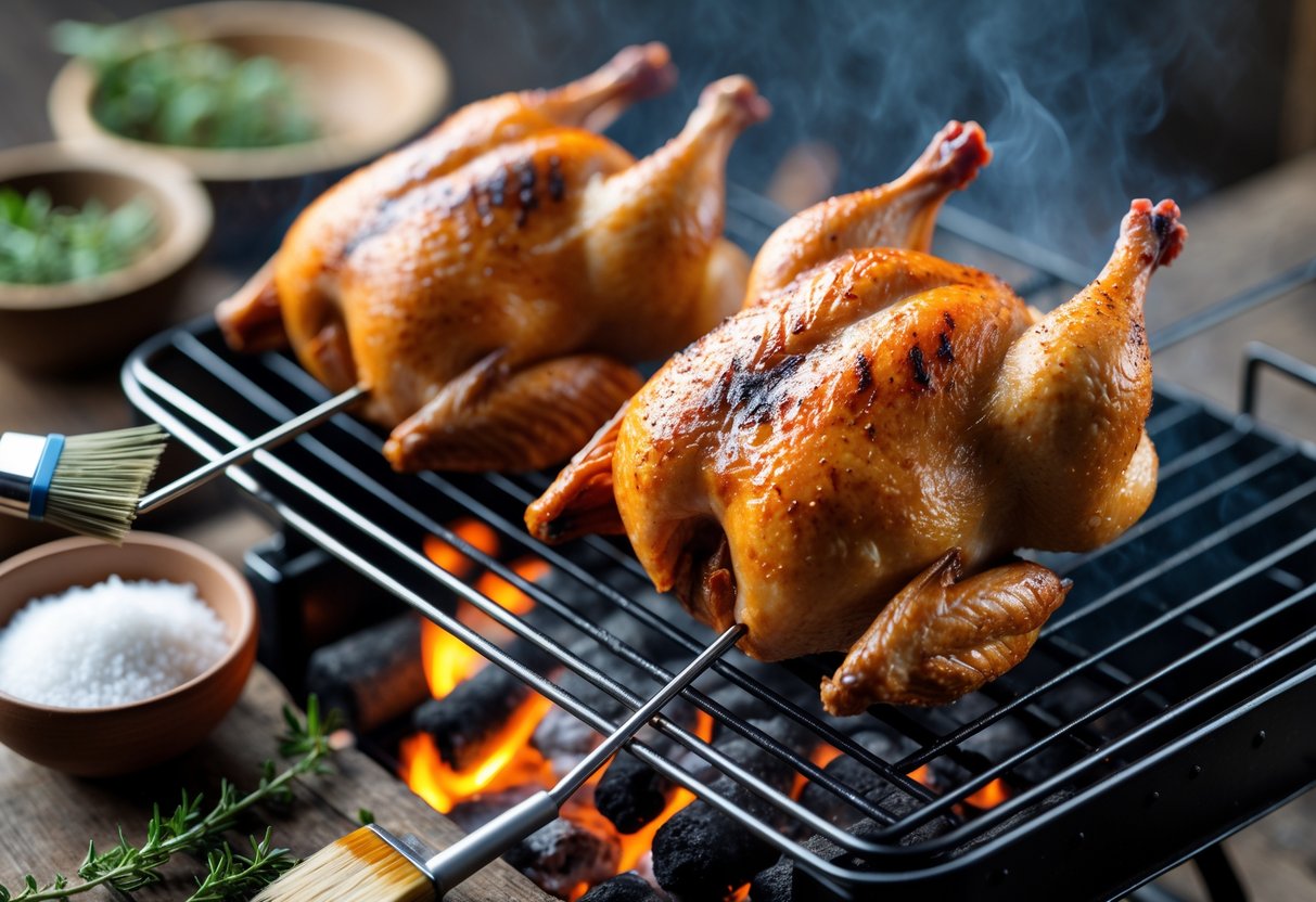 Two golden-brown game hens rotating on a rotisserie spit over glowing charcoal with seasoning ingredients nearby.