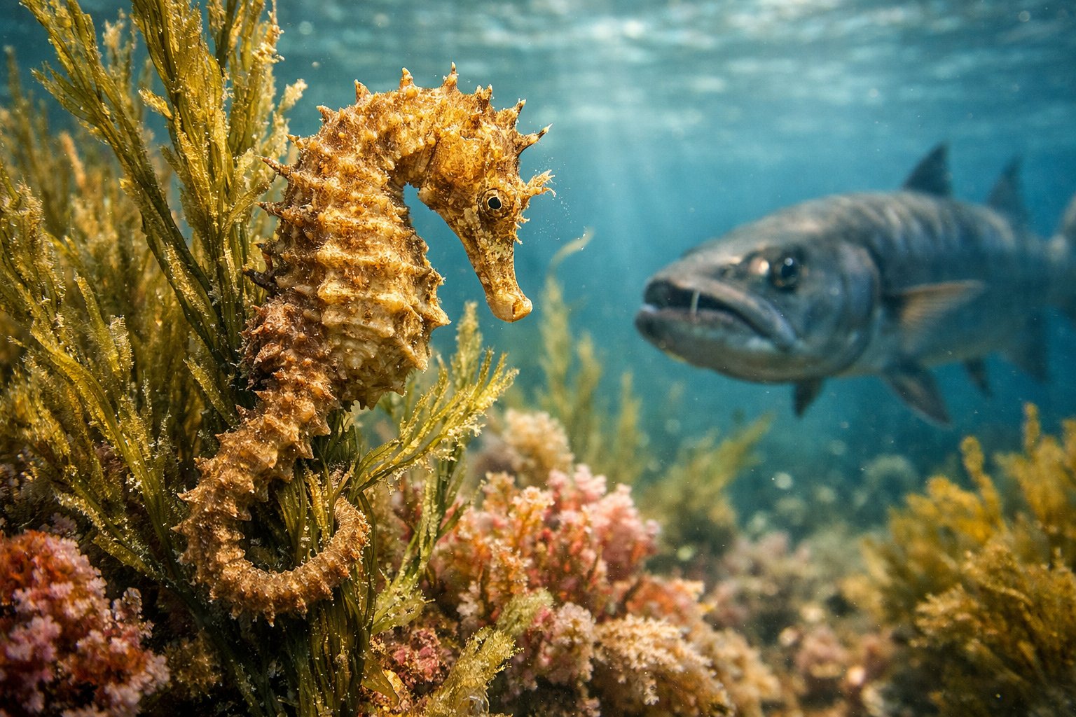 A seahorse camouflaged among seaweed with a predatory fish approaching in clear underwater surroundings.