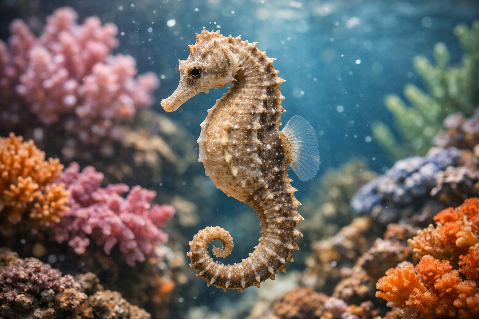 A female seahorse swimming near coral reefs underwater.