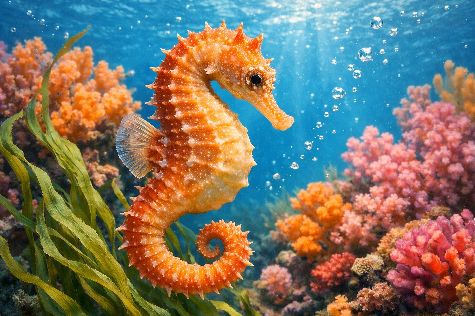 Close-up of a female seahorse swimming near colorful coral and seaweed underwater.