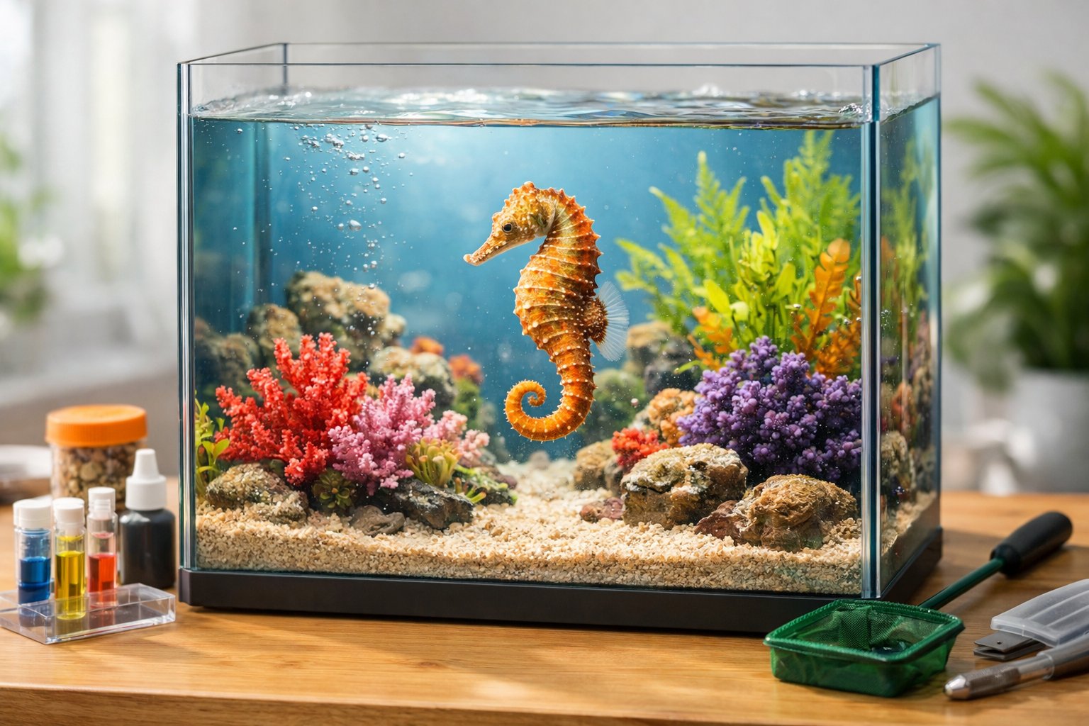 A seahorse swimming in a clear aquarium with coral and aquatic plants, surrounded by fish care items on a table.