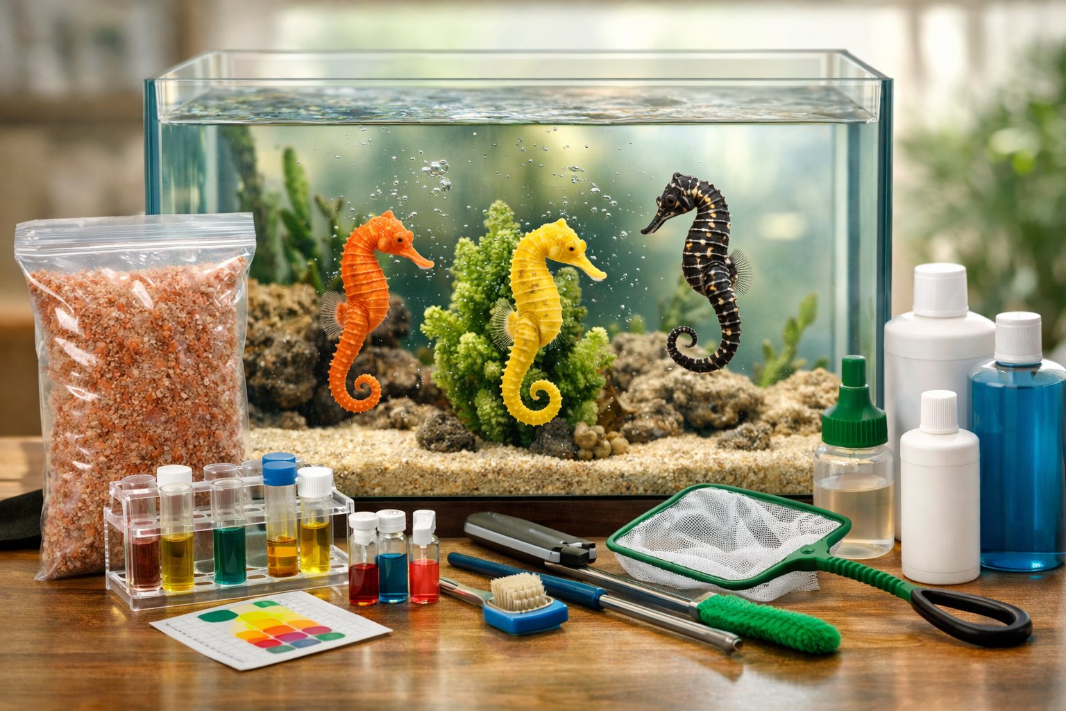 An aquarium with seahorses swimming inside surrounded by seahorse food, water testing kits, and aquarium maintenance tools.